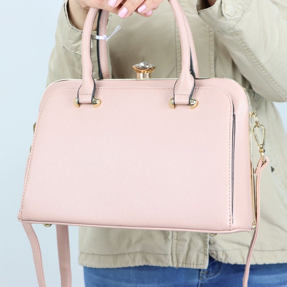 Pink Faux Leather Purse Diamond Snap Closure Doctor Satchel Tote Hand Bag - Picture 10 of 13